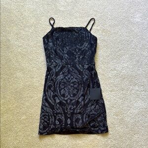 Lulu's Black Sheath Mini Dress Spaghetti Strap Tie Back